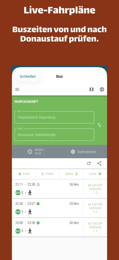 Live-Fahrpläne. Buszeiten von und nach Donaustauf prüfen.