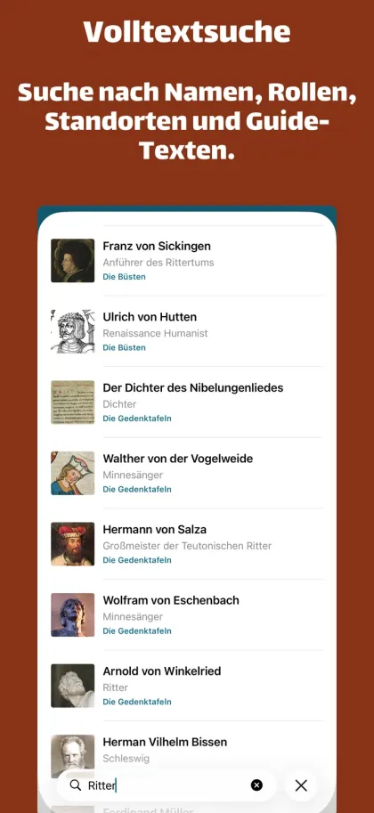 Volltextsuche. Suche nach Namen, Rollen, Standorten und Guide-Texten.